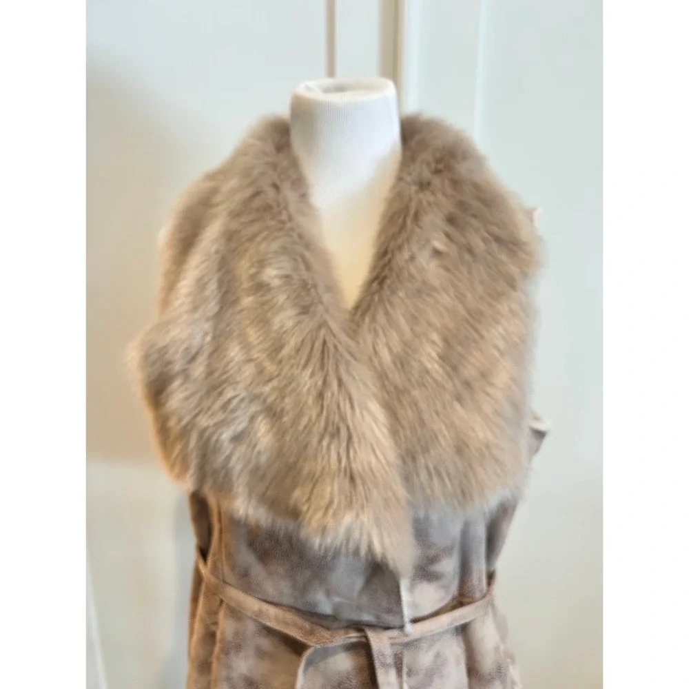 Women's Faux Fur Collar Suede Like Vest‎ Tie Waist Outerwear Layer Dennis Basso